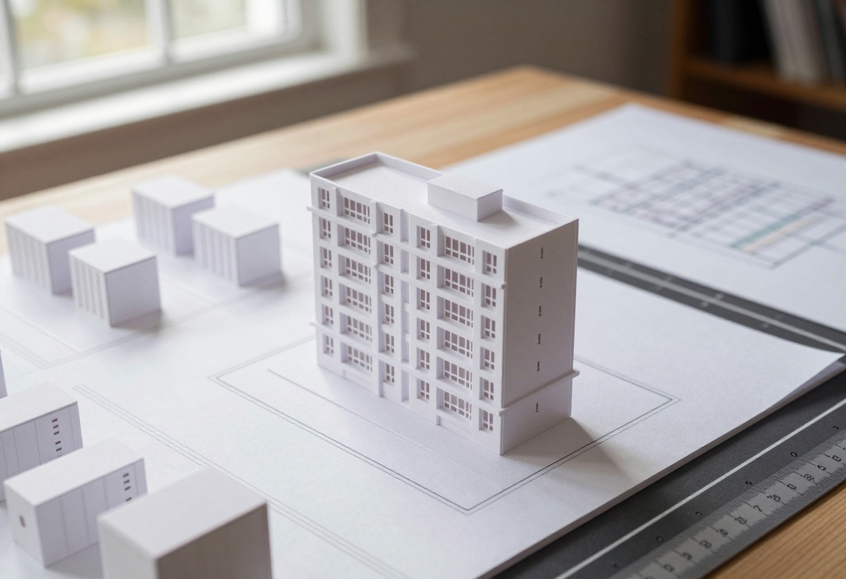 White architectural massing model of a residential building placed inside a marked plot boundary