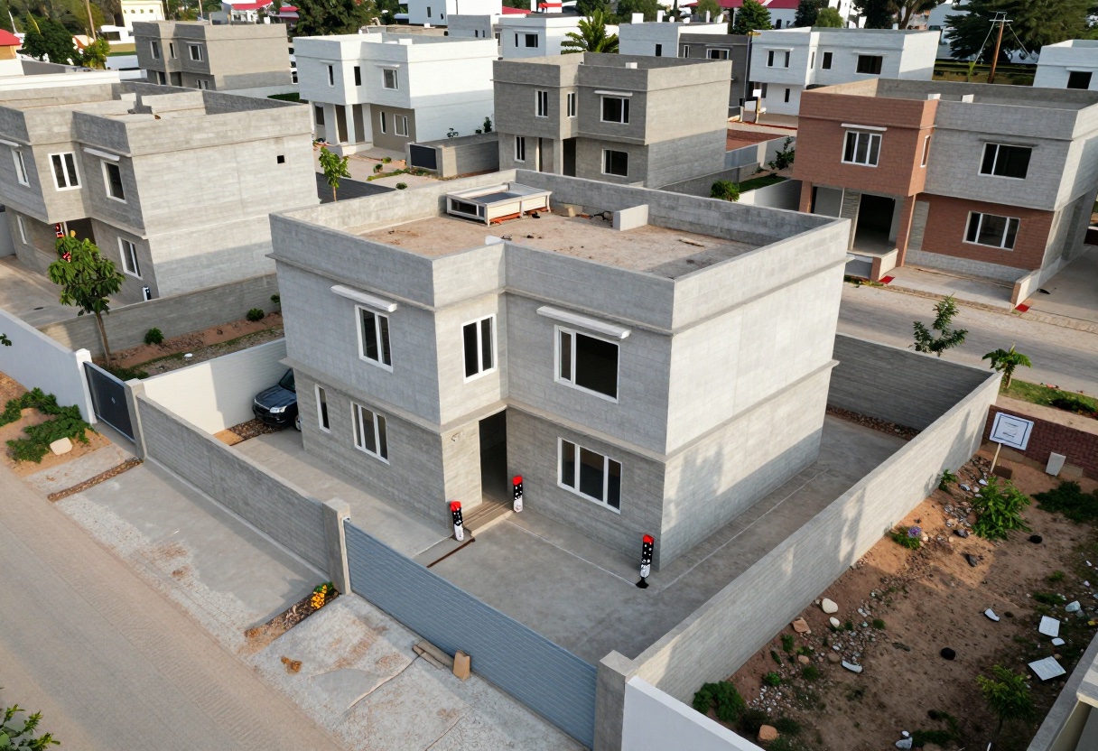 Aerial view of a new two-storey house with open space between the building and the compound wall on every side