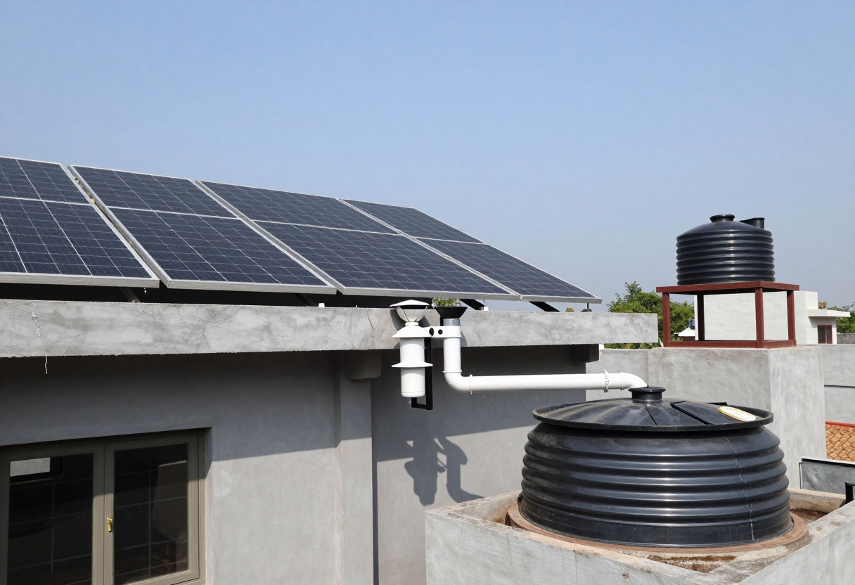 House terrace with rooftop solar panels and a rainwater pipe with filter leading to a storage tank