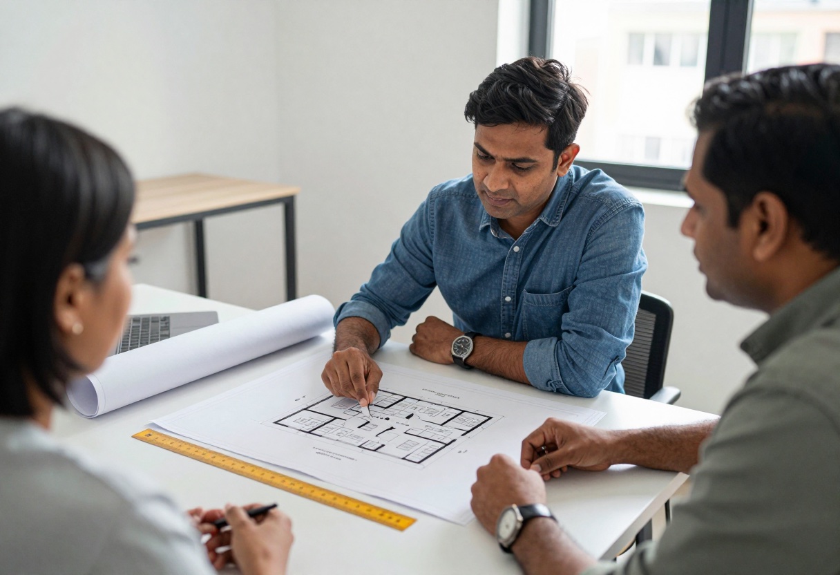 Architect going through printed building plan drawings with homeowners at a table