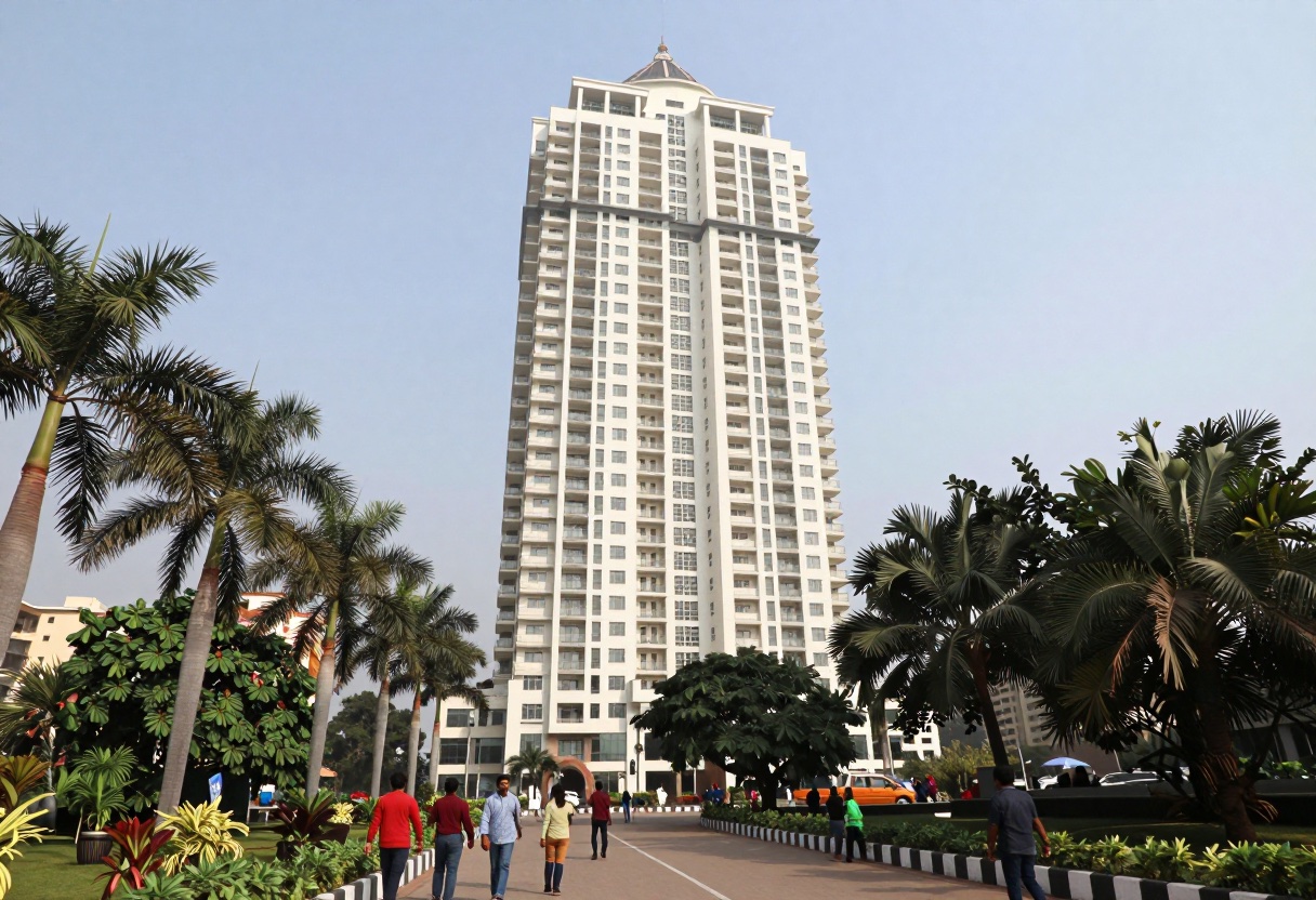 A modern high-rise residential tower viewed from a park pathway