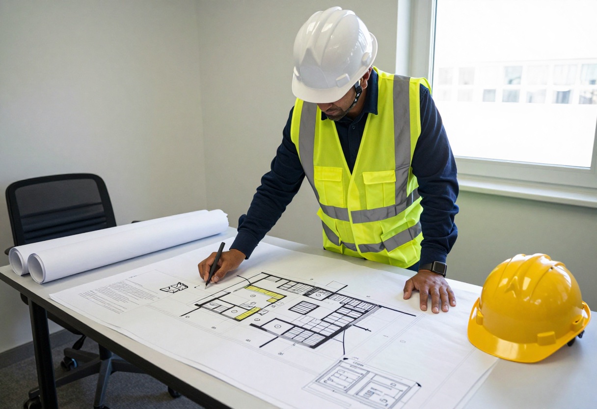 A fire safety consultant examining building drawings spread on a table