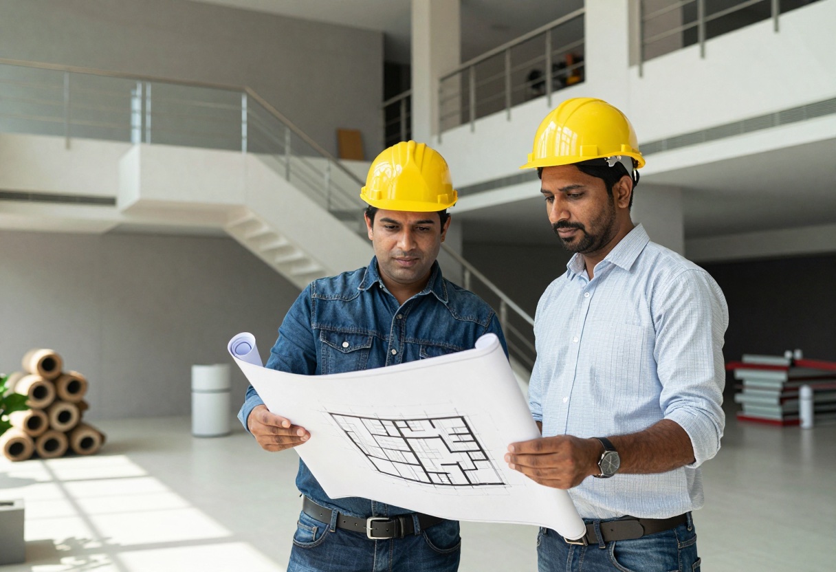 An engineer and a resident reviewing an architectural plan in a building lobby