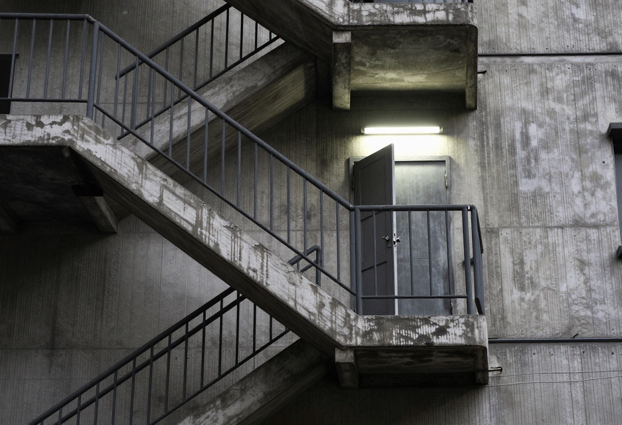 A concrete fire escape staircase with metal handrails inside a high-rise building