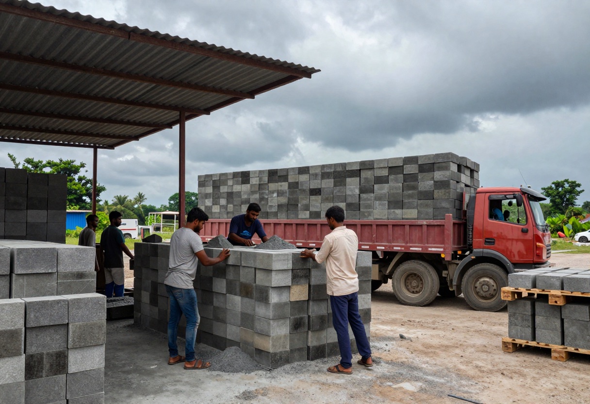Workers loading fly ash bricks and laterite blocks onto a truck at a materials yard in India.