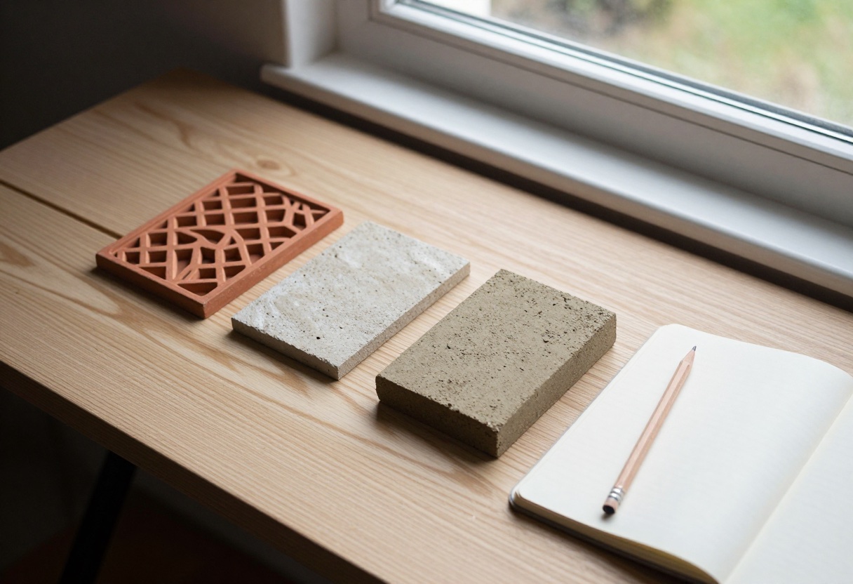 Material swatches including terracotta jaali tile, laterite stone, and compressed earth block on an architect's desk.