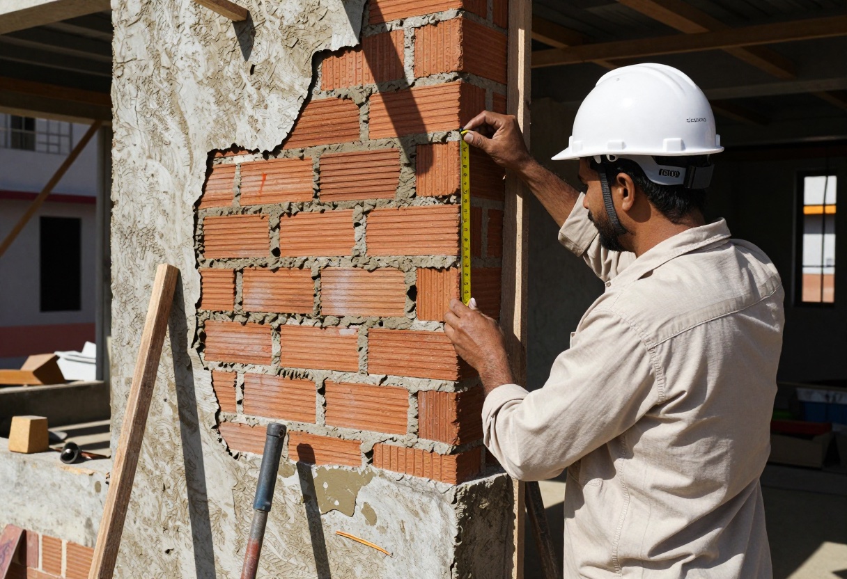 A site engineer measuring the thickness of a brick and mud plaster wall with a folding ruler.