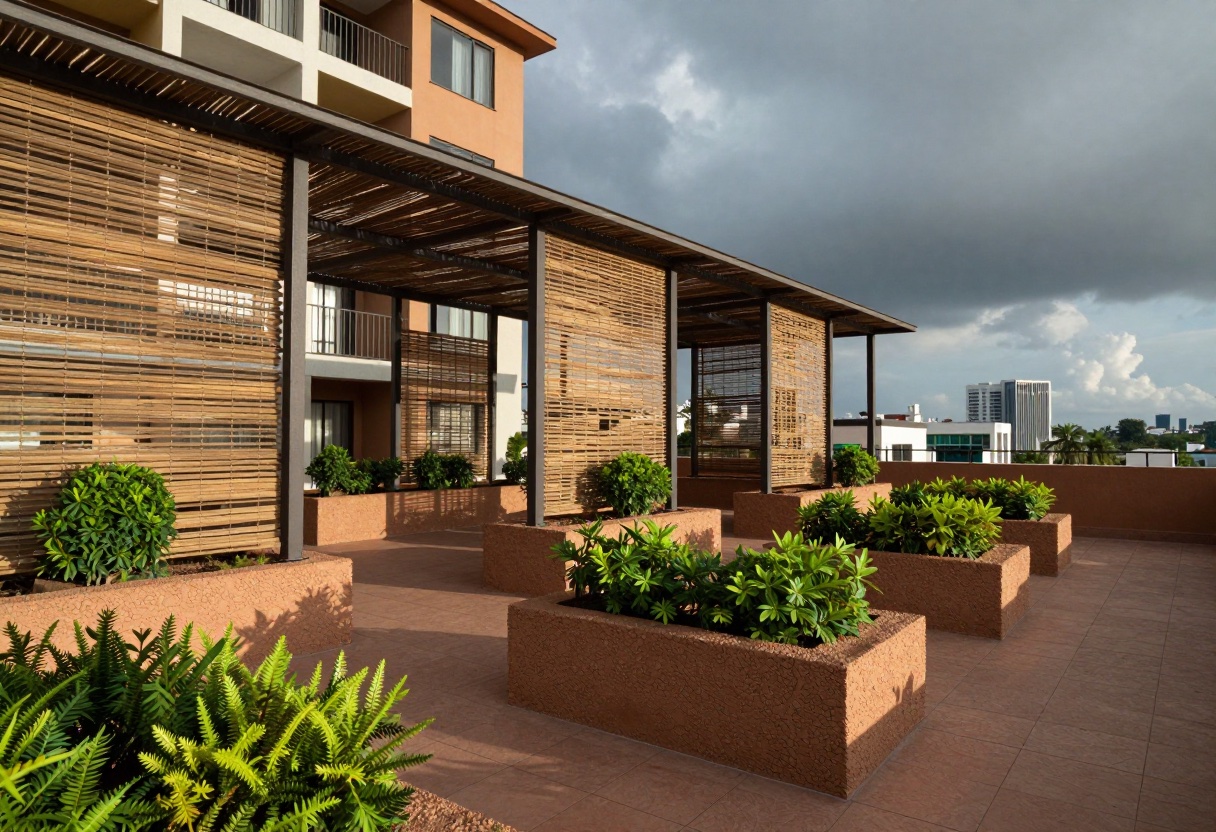 A rooftop terrace with rammed earth planters and bamboo shading screens on an Indian apartment building.